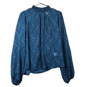 Roan Ryan Womens Blouse Blue Green Mock Neck Long Balloon Sleeve Camo Sheer M